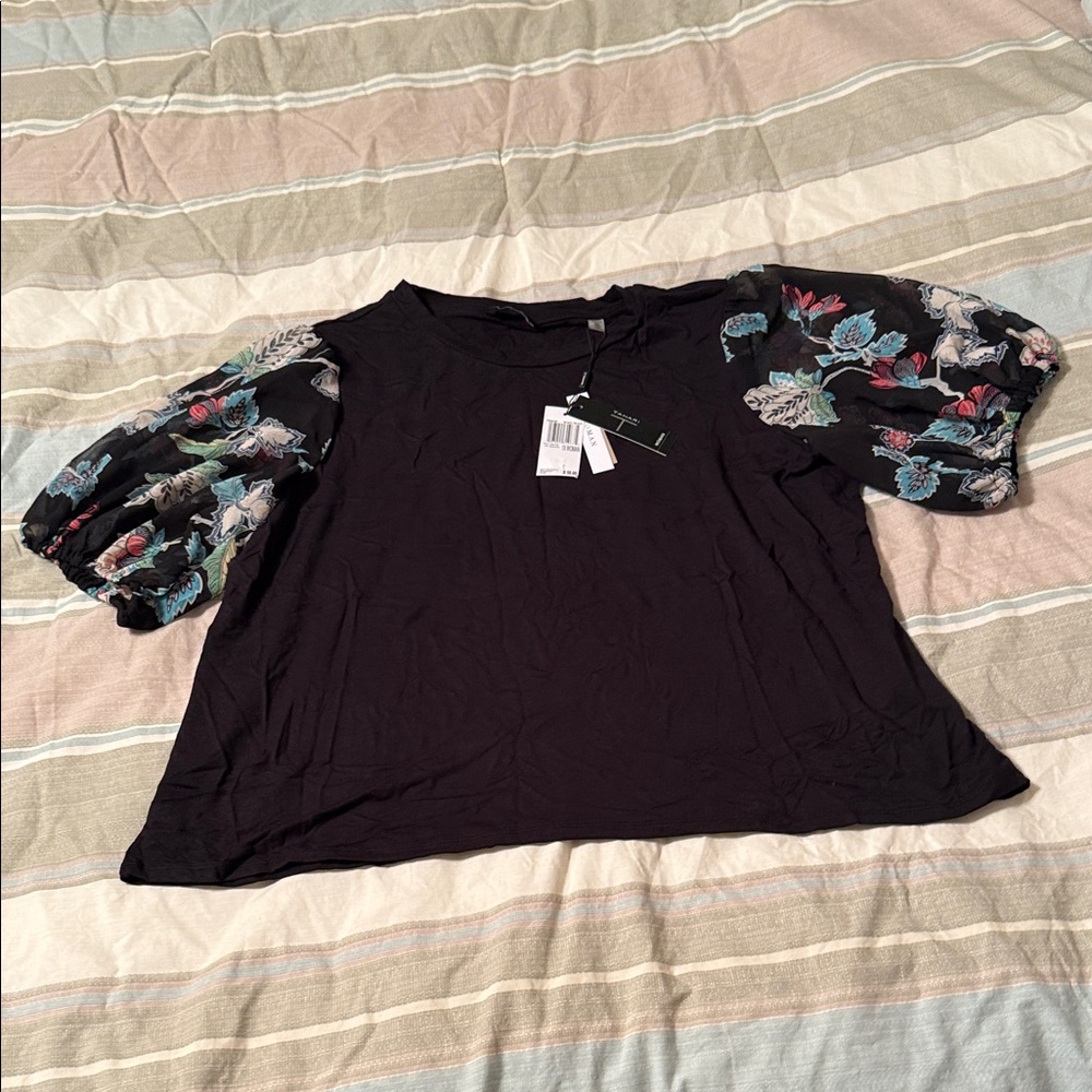 Tahari Black Top with Floral Sleeves